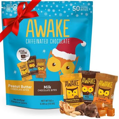 AWAKE - Caffeinated Chocolate Bites - Coffee Alternative - 50mg Caffeine - Energy Bars - Low-Calorie Snacks - Peanut Butter, Milk &amp; Caramel Holiday Variety Pack - 50 Bites