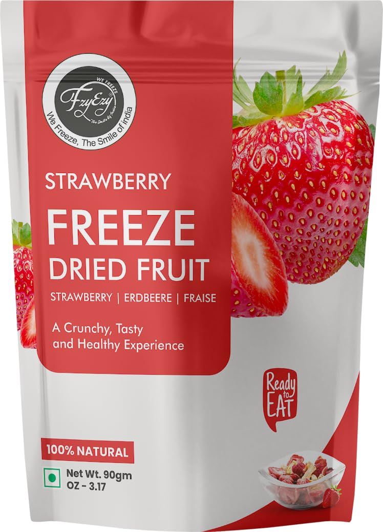 FZYEZY Natural Freeze Strawberry for Kids and Adults| Camping Vegan Healthy &amp; Survival Food|Travel friendly Ready to Eat Fruit Slices| Pantry Groceries dehydrated Snacks | 90 gm (Strawberry, 90 gm)