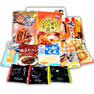 Otsumami Set Japanese Treats Sake Snacks Assortment Box with 10 bags of otsumami snacks, Dehidrated Fish, shellfish, fish cakes, High Protein, authentic Japanese snacks, Adults Fun Birthday Gift