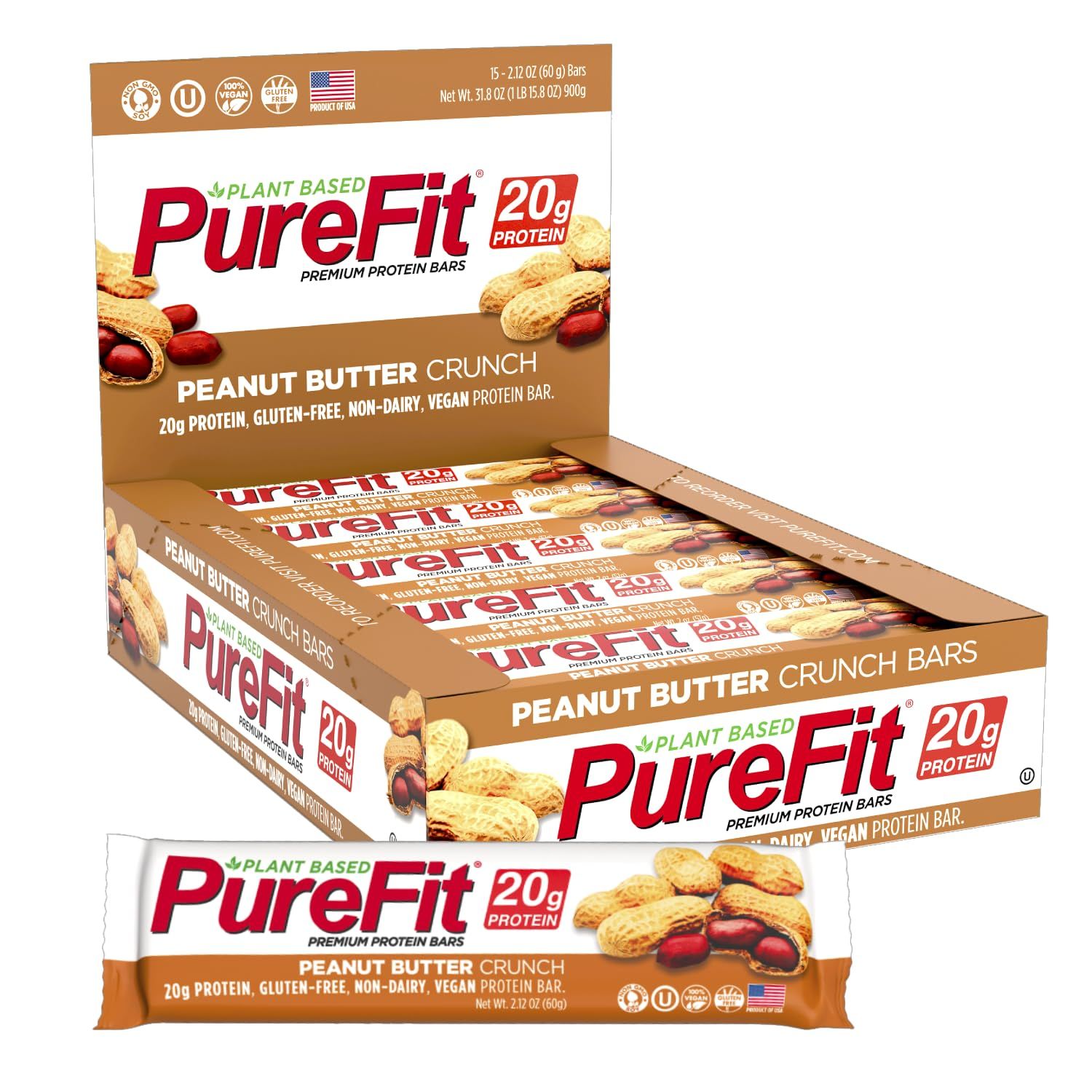 PureFit Protein Bars, Peanut Butter Crunch, 20g Plant-Based Protein, Low Sugar, Vegan, High Protein, Gluten-Free, Low Carb, Keto, Nut-Free, Healthy Snack (15 Count)