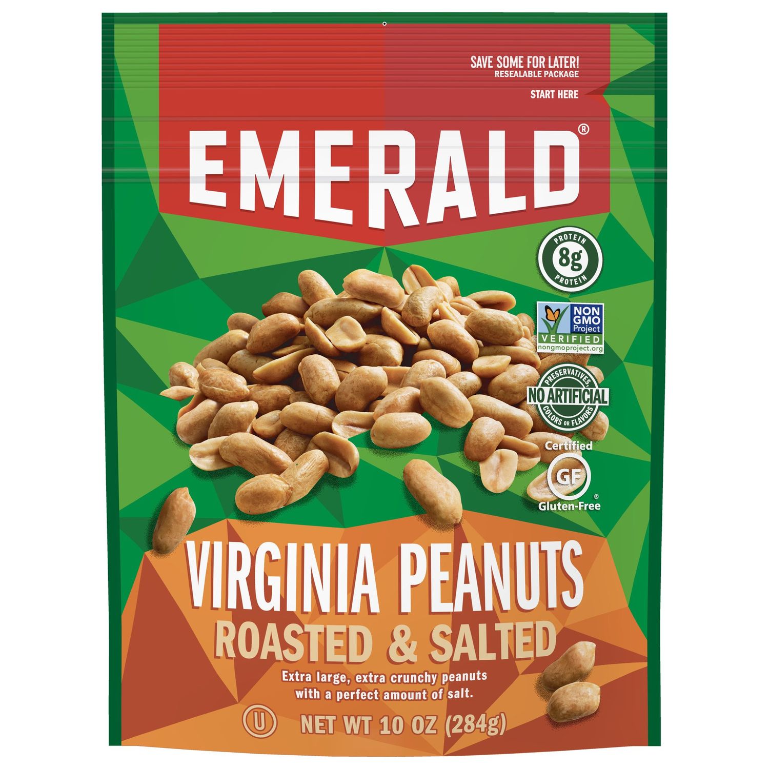 Emerald Nuts Roasted and Salted Virginia Peanuts (1-Pack), 10 Oz Resealable Bag, Kosher Certified, Non-GMO, Contains No Artificial Preservatives, Flavors or Synthetic Colors