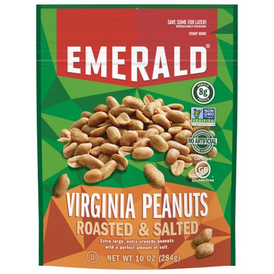 Emerald Nuts Roasted and Salted Virginia Peanuts (1-Pack), 10 Oz Resealable Bag, Kosher Certified, Non-GMO, Contains No Artificial Preservatives, Flavors or Synthetic Colors