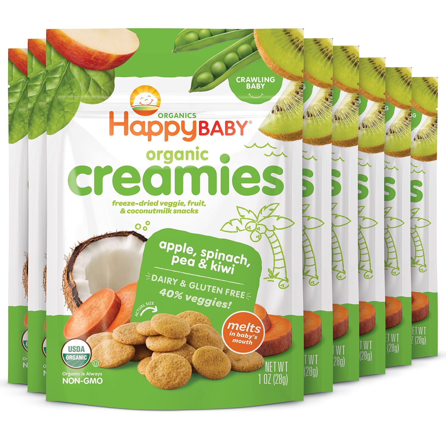 Happy Baby Organics Creamies Freeze-Dried Veggie &amp; Fruit Snacks with Coconut Milk, Apple Spinach Pea &amp; Kiwi, 1 Ounce (Pack of 8)