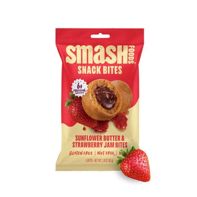 Chia Smash Strawberry Energy Bites | 5 Gluten-Free Vegan Snack Balls with No Sugar Added | 6g Protein, Superfood Jam, Chia Seeds | On-the-Go Convenience | Sunflower Butter &amp; Strawberry | 8 Packs