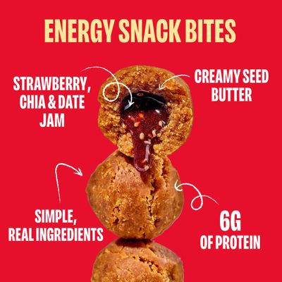 Chia Smash Strawberry Energy Bites | 5 Gluten-Free Vegan Snack Balls with No Sugar Added | 6g Protein, Superfood Jam, Chia Seeds | On-the-Go Convenience | Sunflower Butter &amp; Strawberry | 8 Packs