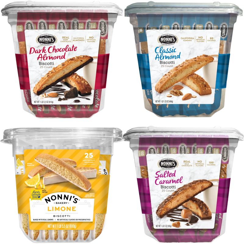 Nonni's Italian Biscotti Tub Variety Pack - 4 Assorted Flavors - Snack for Adults &amp; Kids - Biscotti Cookie Variety Pack - Italian Cookie Assortment - Biscotti Individually Wrapped Cookies - Kosher