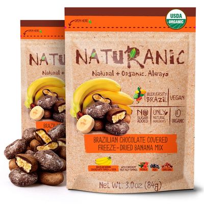 Naturanic Brazilian Dark Chocolate Covered Freeze-Dried Banana Snack, Gluten Free, No sugar, All Natural, Organic, Vegan - Pack of 2