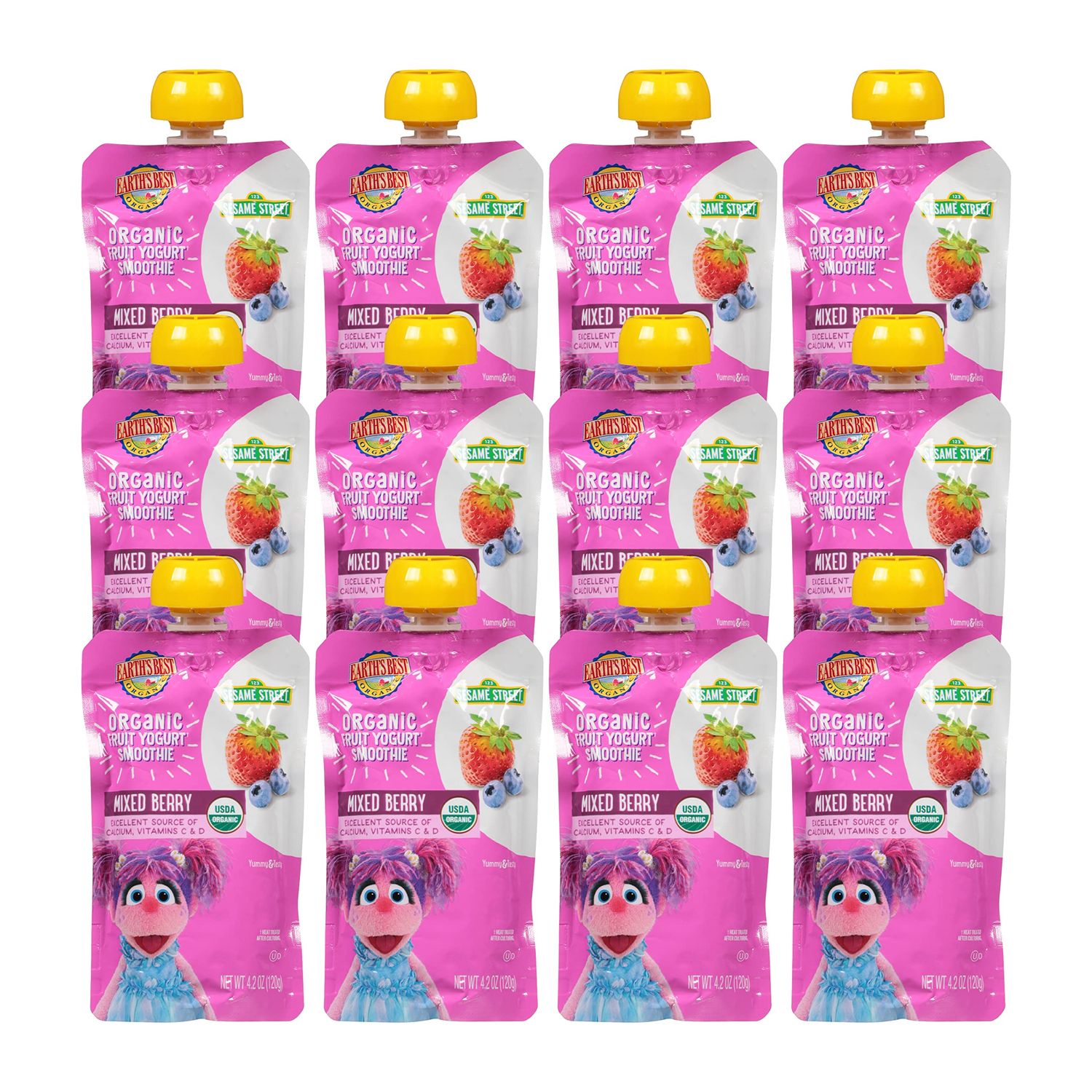 Earth&#39;s Best Organic Kids Snacks, Sesame Street Toddler Snacks, Organic Fruit Yogurt Smoothie for Toddlers 2 Years and Older, Mixed Berry, 4.2 oz Resealable Pouch (Pack of 12)
