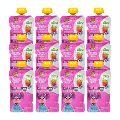 Earth&#39;s Best Organic Kids Snacks, Sesame Street Toddler Snacks, Organic Fruit Yogurt Smoothie for Toddlers 2 Years and Older, Mixed Berry, 4.2 oz Resealable Pouch (Pack of 12)