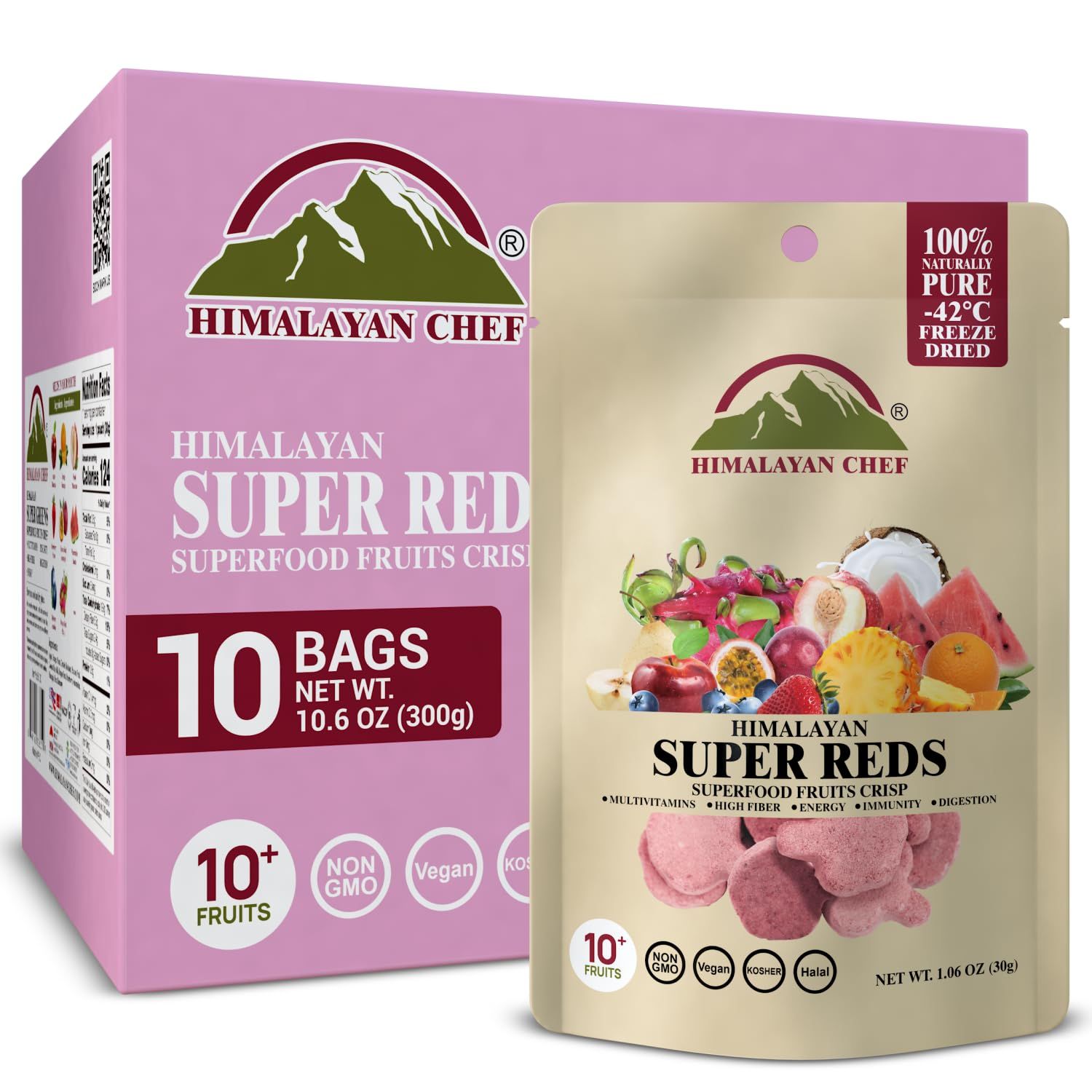 Himalayan Chef Super Reds Freeze-Dried Fruit Crisps, 30geach 10 Pack | 10 Superfood Fruits | Healthy Snacks Packed with Multivitamins, High Fiber &amp; Antioxidants for Energy Boost