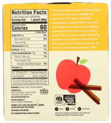 365 by Whole Foods Market, Organic Applesauce, Cinnamon - Unsweetened (4 - 3.2 Ounce Pouches), 12.7 Ounce