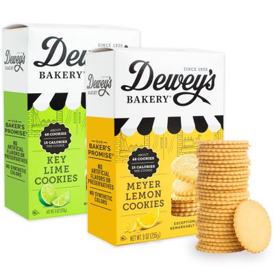 Dewey&#39;s Bakery Meyer Lemon &amp; Key Lime Moravian Style Thin Cookies Duo Pack | No Artificial Flavors, Synthetic Colors or Preservatives | Baked in Small Batches | 9oz (Pack of 2)