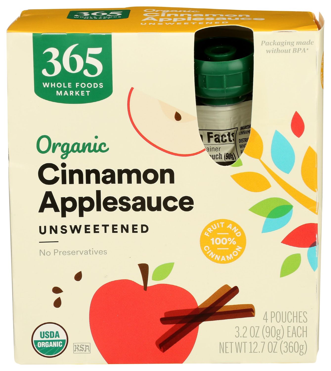365 by Whole Foods Market, Organic Applesauce, Cinnamon - Unsweetened (4 - 3.2 Ounce Pouches), 12.7 Ounce
