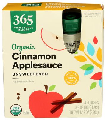 365 by Whole Foods Market, Organic Applesauce, Cinnamon - Unsweetened (4 - 3.2 Ounce Pouches), 12.7 Ounce