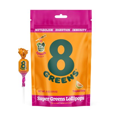 8Greens Supergreens Lollipops | Super Greens Suckers, Greens Powder, Gluten-free, Vegan, Non-GMO Natural Tropical Citrus flavor, 10 Count