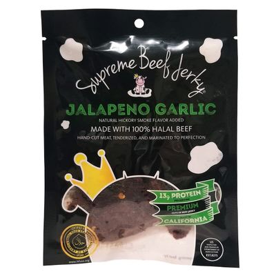 Supreme Beef Jerky, Halal Beef Jerky, Handcrafted Gourmet Meat Snacks, 2.5 oz (Jalapeno Garlic), Brown