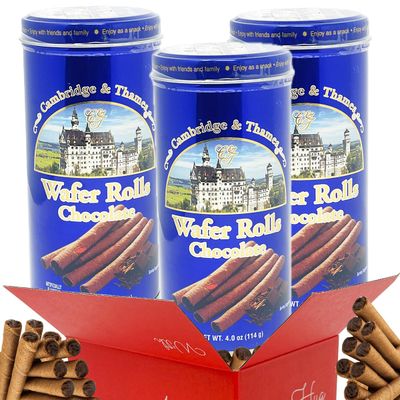 Rolled Wafers Sticks | Cream Filled Sweet Wafer Cookies | Great Coffee Tea Ice Cream | Party Favor Christmas Holiday Gift Everyday Snack Treat (3 Pack Tins Gift Box, Chocolate Filled Wafer)