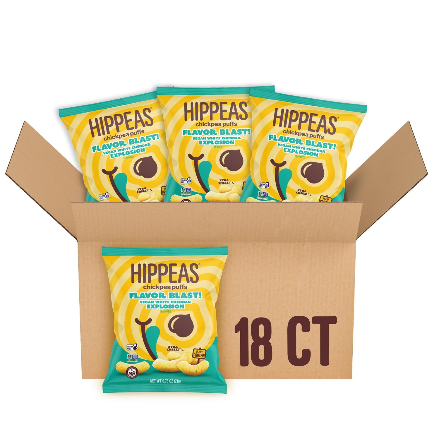 Hippeas Chickpea Puffs, Flavor Blast: Vegan White Cheddar Explosion, 0.75 Ounce (Pack of 18), 3g Protein, 2g Fiber, Vegan, Gluten-Free, Crunchy, Plant Protein Snacks