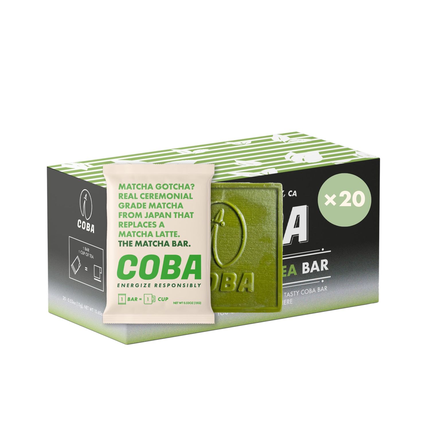 COBA Coffee Chocolate Bars: Energizing, Portable, Gourmet Snack with Natural Caffeine for Gym, Travel, Daily Use (20 Pack, Matcha)