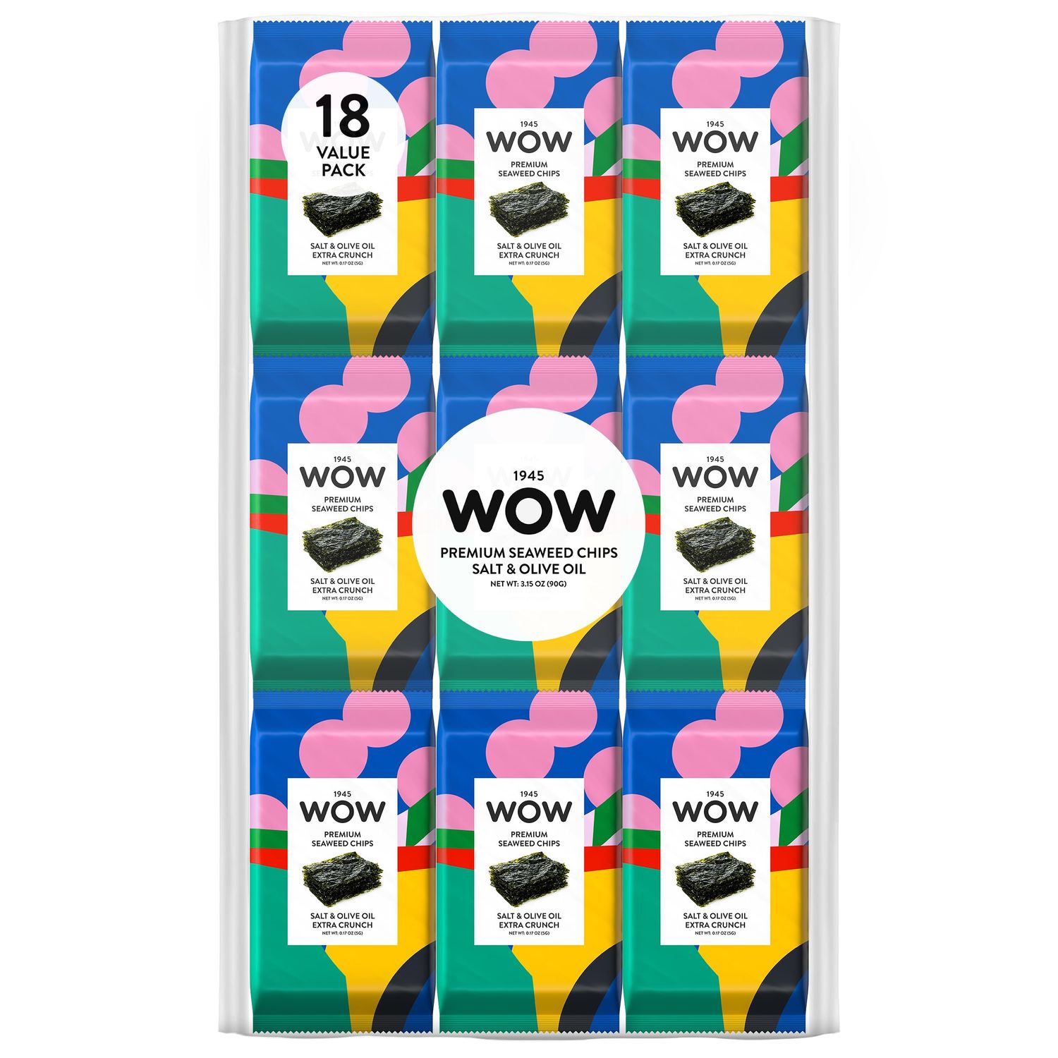 1945 WOW Premium Seaweed Chips, Salt &amp; Olive Oil - 18 Count - Roasted Seaweed Snacks - Vegan, Gluten Free, Non GMO, Keto - Healthy Snack for Kids &amp; Adults