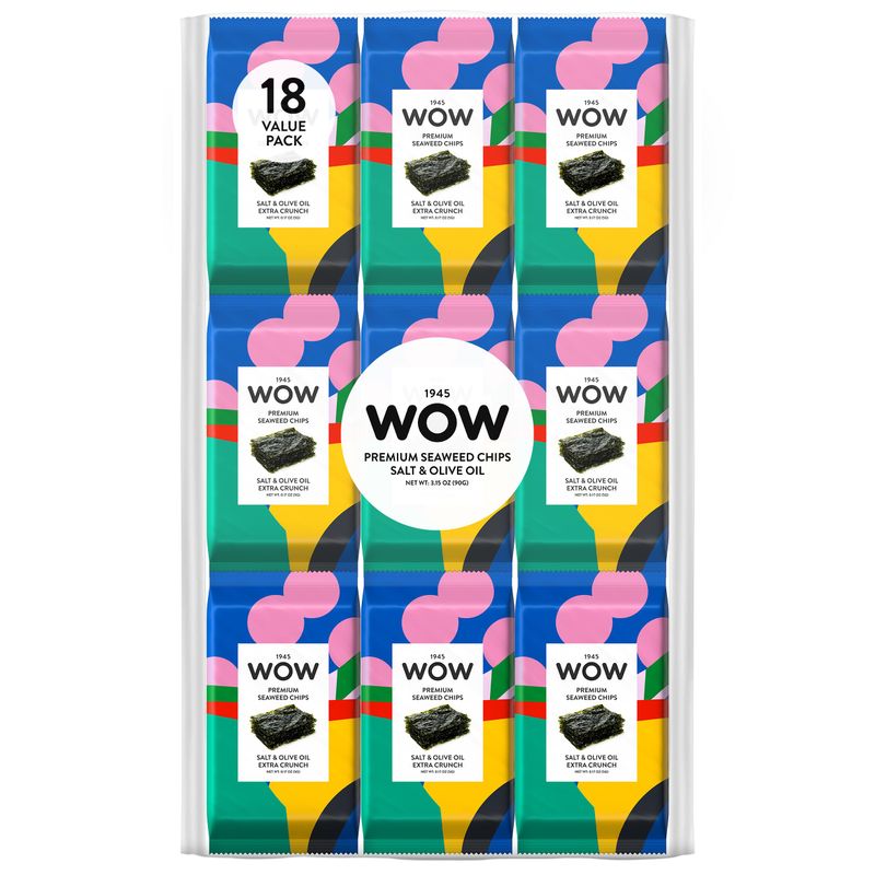 1945 WOW Premium Seaweed Chips, Salt &amp; Olive Oil - 18 Count - Roasted Seaweed Snacks - Vegan, Gluten Free, Non GMO, Keto - Healthy Snack for Kids &amp; Adults