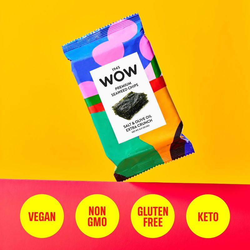 1945 WOW Premium Seaweed Chips, Salt &amp; Olive Oil - 18 Count - Roasted Seaweed Snacks - Vegan, Gluten Free, Non GMO, Keto - Healthy Snack for Kids &amp; Adults