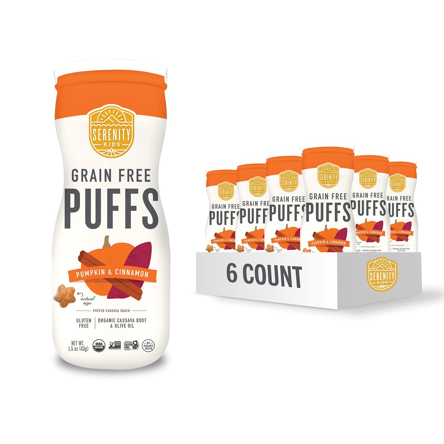 Serenity Kids 6 Month Grain Free Puffs Toddler &amp; Baby Snack - No Added Sugar, Gluten &amp; Rice Free, BPA &amp; Allergen Free - WOrg. Cassava, Veggies, &amp; Herbs - Pumpkin &amp; Cinnamon - 6 Count - Baby Puffs