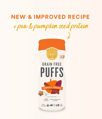 Serenity Kids 6 Month Grain Free Puffs Toddler &amp; Baby Snack - No Added Sugar, Gluten &amp; Rice Free, BPA &amp; Allergen Free - WOrg. Cassava, Veggies, &amp; Herbs - Pumpkin &amp; Cinnamon - 6 Count - Baby Puffs