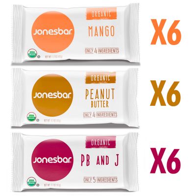 JONESBAR (18ct Variety Pack, 18 Bars (1 Box)), USDA Organic Fruit &amp; Nut Bar, Non-GMO, Kosher, Vegan, Gluten Free, Simple Snack Bar