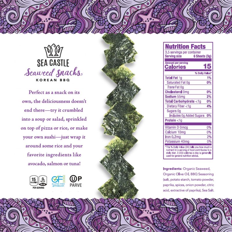 Sea Castle Korean BBQ Seaweed Snacks, 10gr (6 Pack) | Awesome Flavor, Certified Gluten Free, Kosher