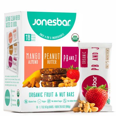 JONESBAR (18ct Variety Pack, 18 Bars (1 Box)), USDA Organic Fruit &amp; Nut Bar, Non-GMO, Kosher, Vegan, Gluten Free, Simple Snack Bar