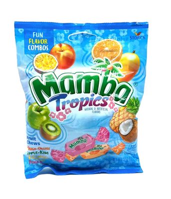Mamba Tropics, Fruit Chews, Fun Flavor Combos (Mango-Orange, Apple-Kiwi, Pineapple-Coconut, Peach-Passionfruit)