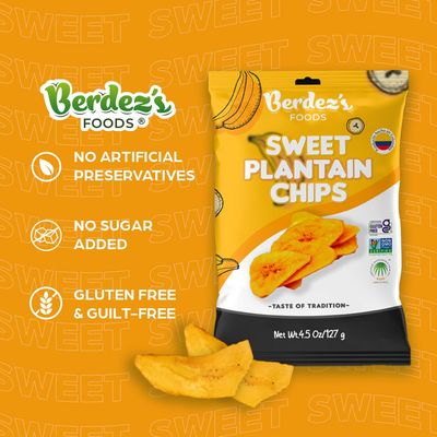 Berdez's Food Plantain Chips - Sweet Plantain Chips - Healthy Snacks - Gluten Free, NON-GMO &amp; No Added Sugar - Made from Quality Plantains &amp; RSPO Pal Oil - 24 Packs
