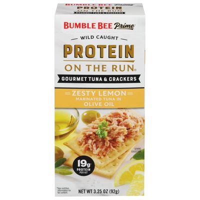 Bumble Bee Prime Protein on the Run Tuna Snack Kit - Gourmet Tuna Marinated in Olive Oil &amp; Zesty Lemon with Crackers and Serving Utensil - 19g of Protein Per Serving