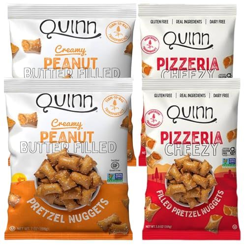 Quinn Pretzel Nuggets Favorites Pack - Made with Real Ingredients, Whole Grain Sorghum, Sea Salt, Vegan, Gluten Free, Dairy Free, Non-GMO - (2) Peanut Butter 7oz, (2) Pizzeria 5.8oz (Pack of 4)
