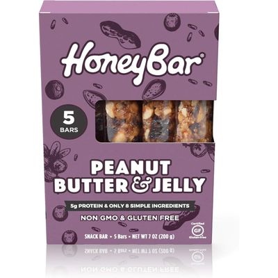 HoneyBar Snack Bar, Peanut Butter &amp; Jelly, Gluten-Free, Non-GMO, Vegetarian, 1.4 oz bar, 5 count