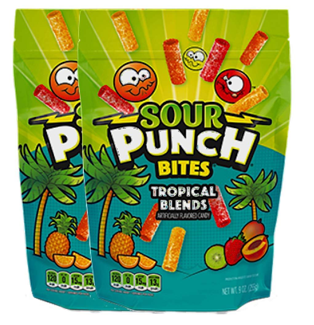 NEW Sour Punch Bites Featuring Tropical Blends, Raging Reds, assorted &amp; Strawberry Perfect Mouthwatering Snack For Movie Nights 9oz (Tropical Blend, 2)