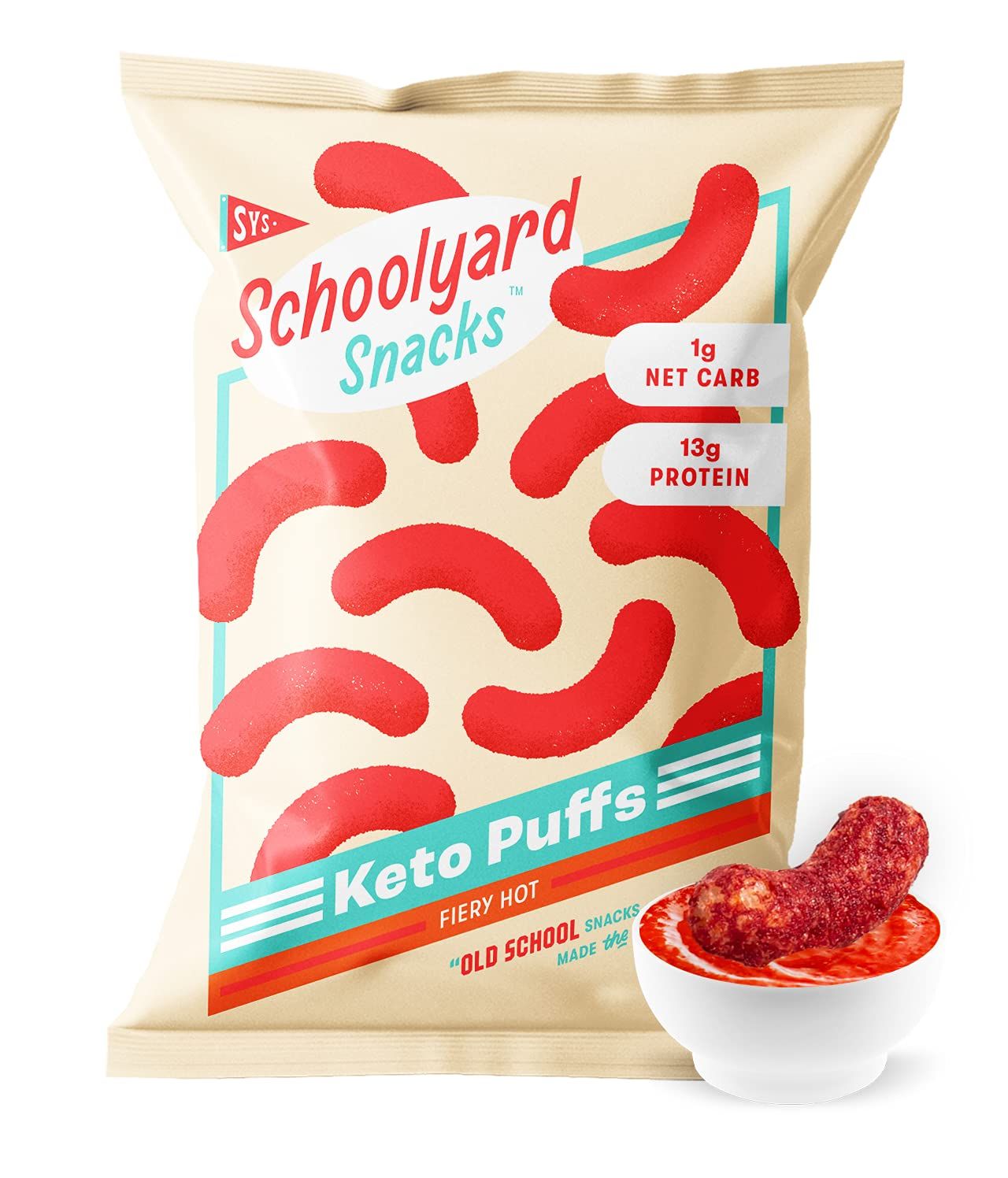 Schoolyard Snacks Low Carb Keto Cheese Puffs - Fiery Hot - High Protein - All Natural - Gluten &amp; Grain-Free - Healthy Chips - Low Calorie Food - 12 Pack Single Serve Bags - 100 Calories