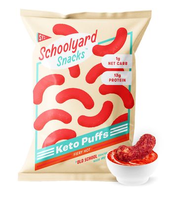 Schoolyard Snacks Low Carb Keto Cheese Puffs - Fiery Hot - High Protein - All Natural - Gluten &amp; Grain-Free - Healthy Chips - Low Calorie Food - 12 Pack Single Serve Bags - 100 Calories