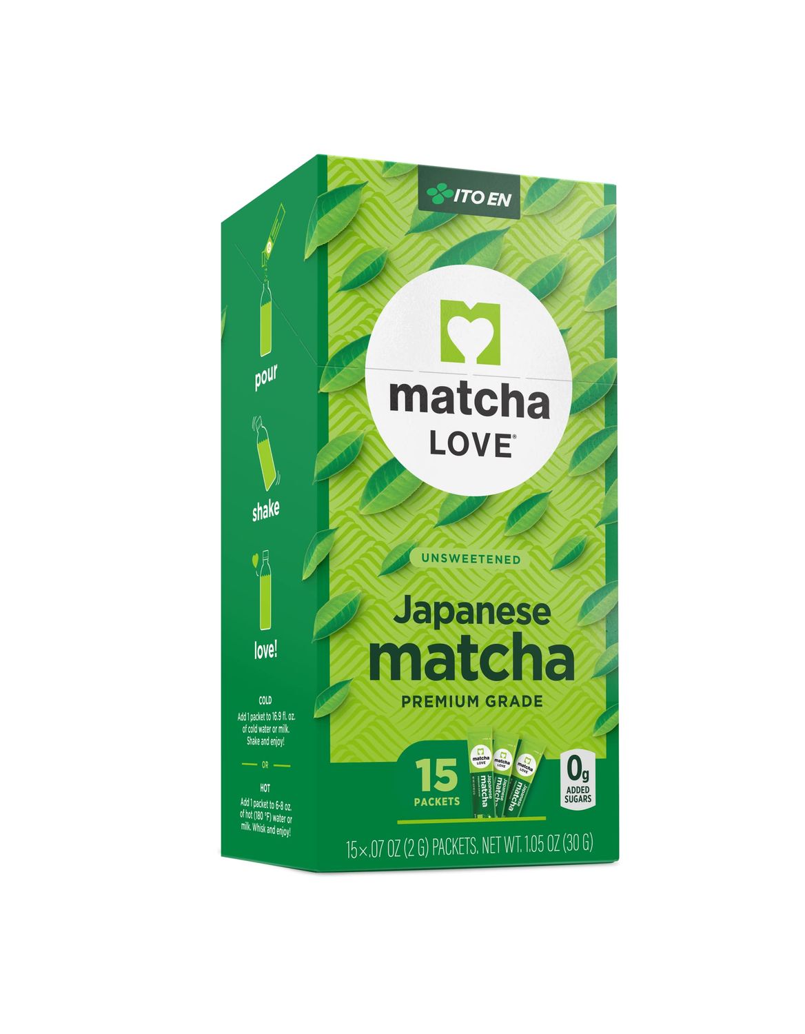 Matcha Love Japanese Matcha Unsweetened Green Tea Powder, 15 Single Serve Packets, 1.05 Ounces