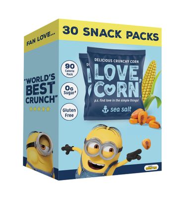 LOVE CORN Limited Edition Minions Crunchy Corn Lunchbox Snack (Sea Salt 0.7oz x 30 Bags) - Healthy Snacks For Kids, Ideal for Gluten Free &amp; Vegan Diets - Low Sugar Alternative for Chips, Mixed Nuts