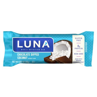 LUNA BAR - Gluten Free Snack Bars - Chocolate Dipped Coconut Flavor -8g of protein - Non-GMO - Plant-Based Wholesome Snacking - On the Go Snacks (1.69 Ounce Snack Bars, 15 Count)