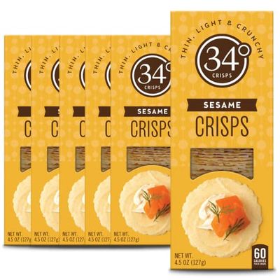 34 Degrees Sesame Crisps | Light &amp; Crunchy Thin Crackers for Charcuterie, Cheese Boards &amp; Entertaining, 6 Pack (4.5oz each)