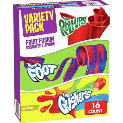 Fruit Roll-Ups, Fruit by the Foot, Gushers, Snacks Variety Pack, 16 ct (Pack-2)