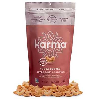 Cocoa Dusted Wrapped Whole Cashews by Karma Nuts, Lightly Sweetened, Air Roasted with Natural Skins, 2X more Fiber, Peanut-Free Facility, Kosher, Everyday Nut Snack, 7oz Resealable Bag