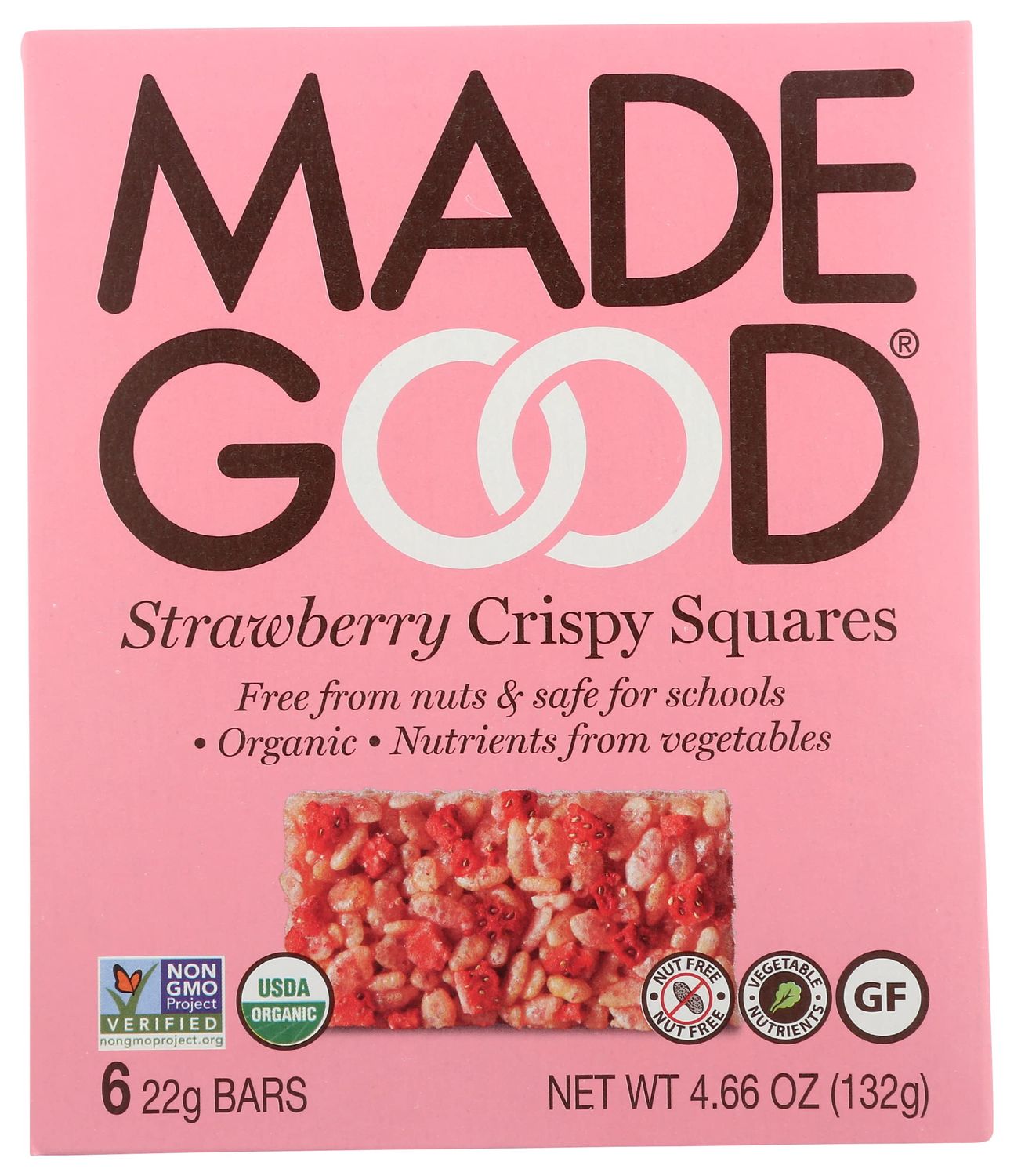 MadeGood Strawberry Rice Crispy Squares, USDA Certified Organic, Gluten Free &amp; Non-GMO, 4.68 Oz (Pack of 6), Natural