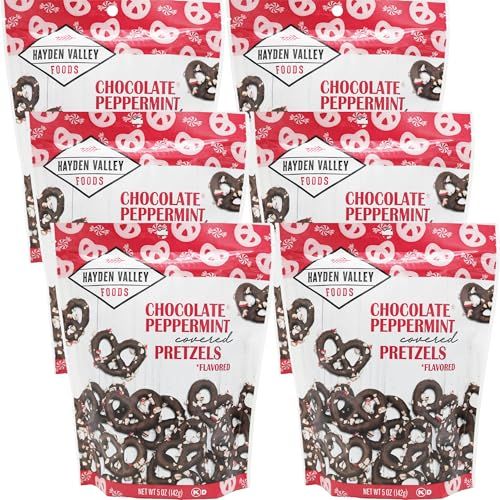 Hayden Valley Foods Chocolate Peppermint Covered Pretzels - 5 oz Bags (Pack of 6) - No Artificial Flavors, Preservatives or Colors - Sweet Holiday Snack