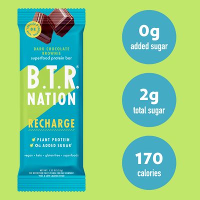 Vegan Keto Superfood Protein Bars, by B.T.R. - Low Carb, Plant Based, and Gluten Free | 12 Bars | Free of Sugar Alcohols and Boosted with Powerful Superfoods - (Brownie RECHARGE)