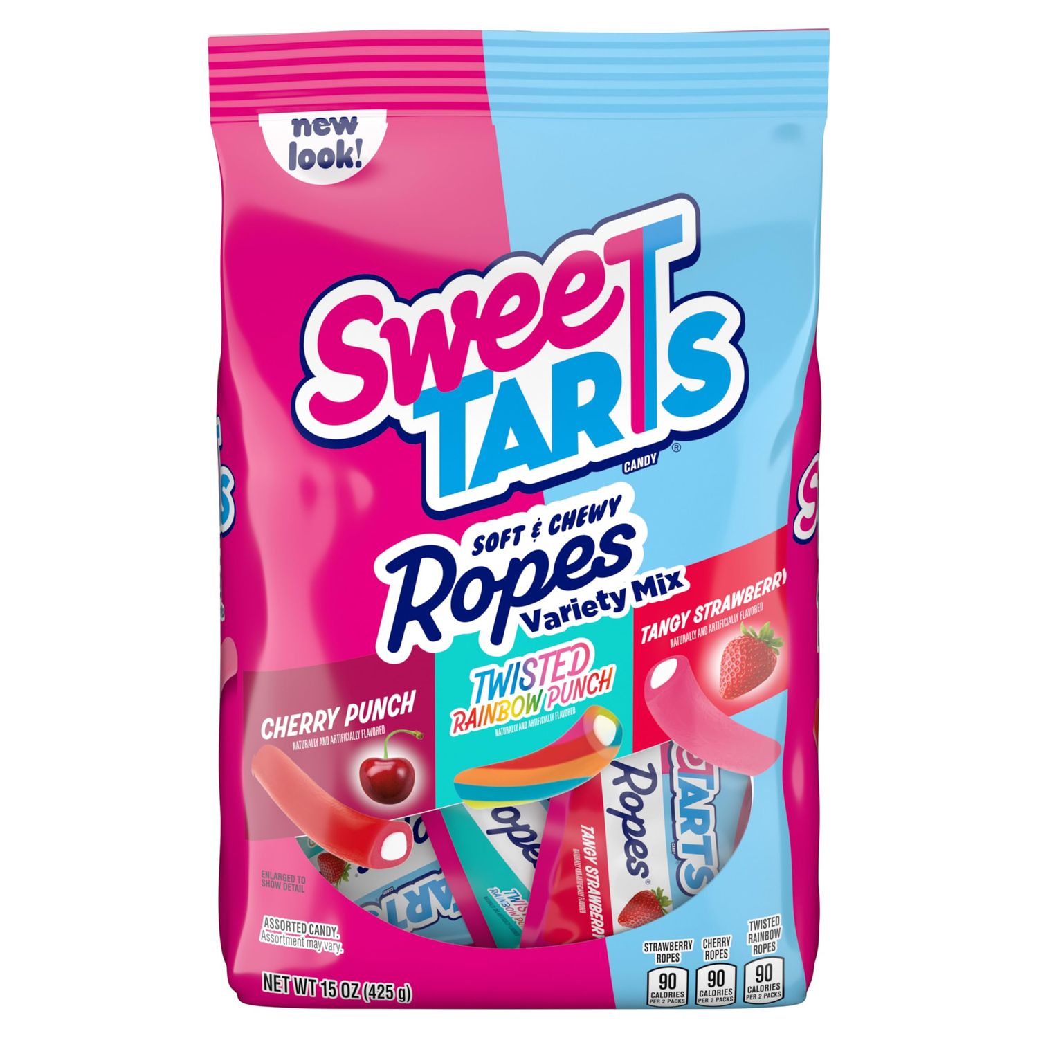 SweeTARTS Ropes Candy, Variety Mix, Cherry Punch, Twisted Rainbow Punch, Tangy Strawberry, Soft and Chewy, 15 oz
