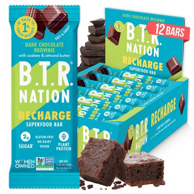 Vegan Keto Superfood Protein Bars, by B.T.R. - Low Carb, Plant Based, and Gluten Free | 12 Bars | Free of Sugar Alcohols and Boosted with Powerful Superfoods - (Brownie RECHARGE)
